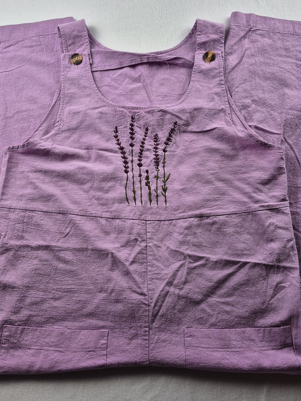 Lavender Floral Embroidered Overalls Jumpsuit L XL Wide Leg Purple Cottagecore